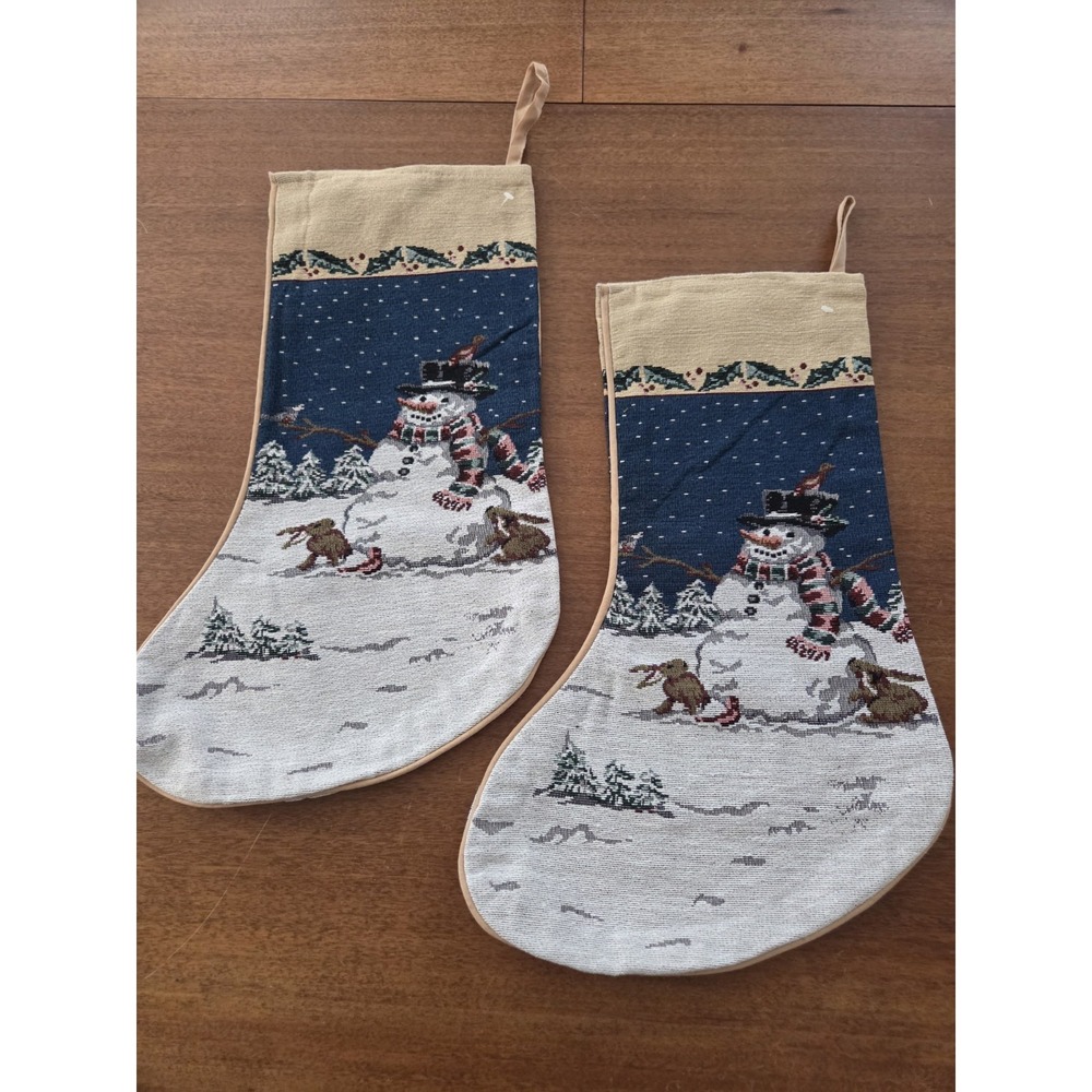 Pair Of Tapestry Snowman Christmas Stockings Winter Wonderland Animals Holly